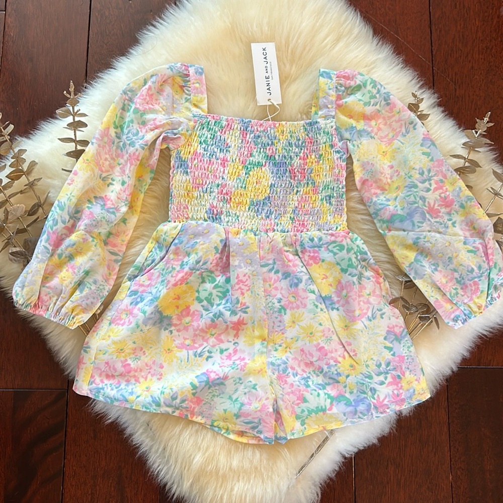 NWT Janie and Jack pastel floral long sleeve shorts romper girls with pockets!